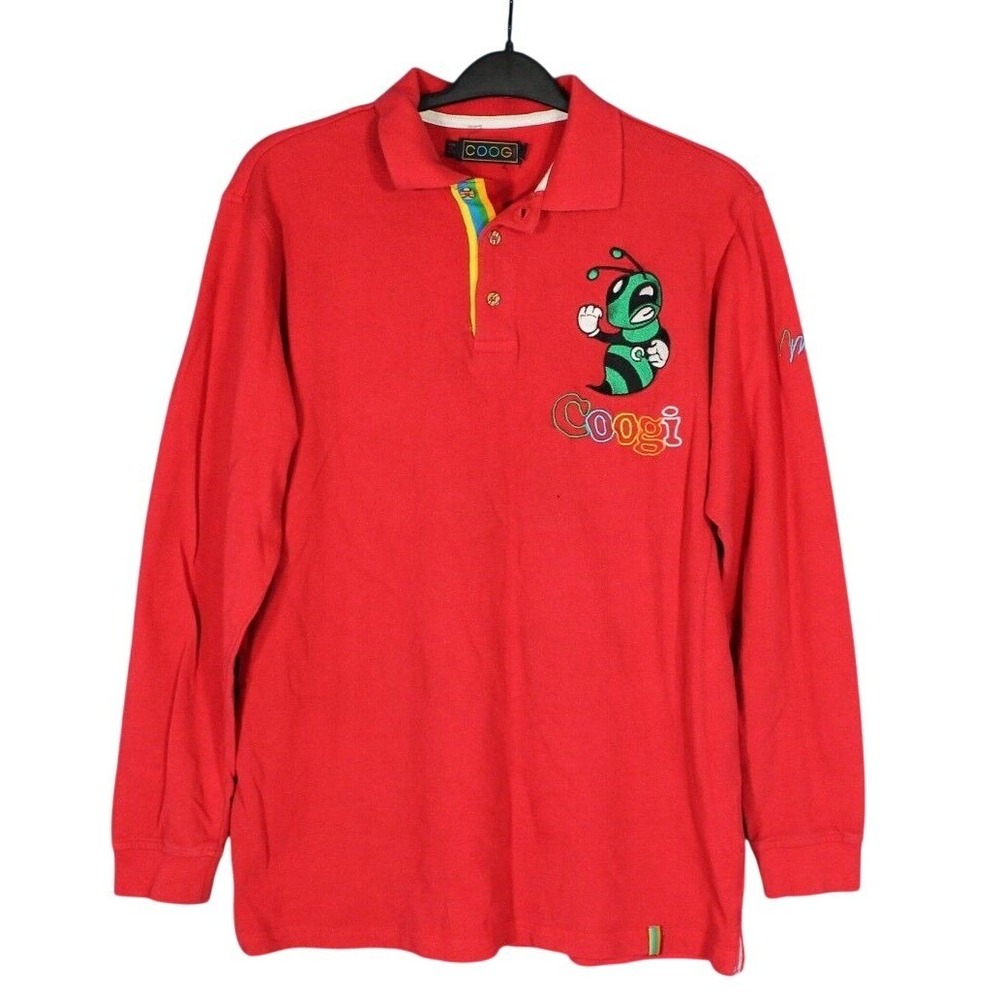 Vtg COOGI Red Long Sleeve SLIM Fit Polo Shirt Bumble Bee & Rainbow Logo Sz XL